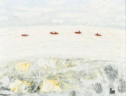 Shafiq Rehman, 'Hull Sea', vessels at sea, oil on board, signed and inscribed verso 'To Mary Fedden,: Shafiq Rehman, 'Hull Sea', vessels at sea, oil on board, signed and inscribed verso 'To Mary Fedden, with Best Wishes and lots of Love', 14" x 18" (36 x 46cm).