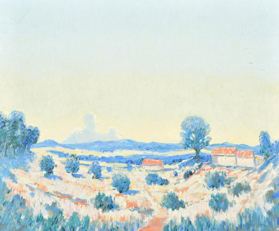 Norman Lloyd (1894-1983) Australian, cottages in colourful French landscape, oil on board, 20" x 24": Norman Lloyd (1894-1983) Australian, cottages in colourful French landscape, oil on board, 20" x 24" (51 x 61cm), unframed.