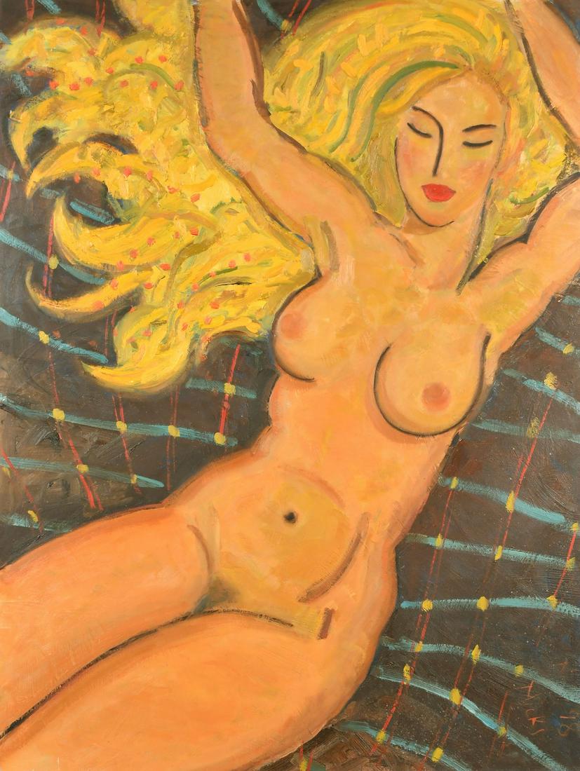 Kanwaldeep Singh Kang, signed Nicks (1964-2007) British, A blonde female nude, oil on board, signed: Kanwaldeep Singh Kang, signed Nicks (1964-2007) British, A blonde female nude, oil on board, signed and dated '98, 35.5" x 26.75", (90x68cm) (unframed), from the artist's studio collection.