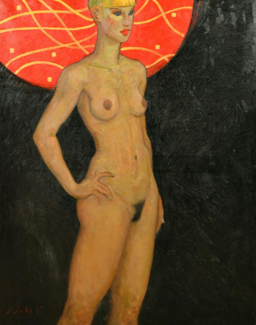 Kanwaldeep Singh Kang, signed Nicks (1964-2007) British, 'Lucy II', a standing female nude with a: Kanwaldeep Singh Kang, signed Nicks (1964-2007) British, 'Lucy II', a standing female nude with a red and gold circle behind, oil on canvas, signed '97, 50" x 40", (127x101.5cm), from the artist's stu
