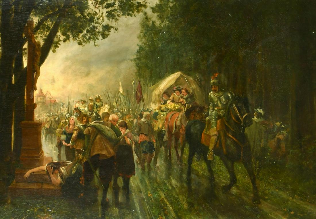 Ottmar Hendschel (1845-1921) German, soldiers exodus after the thirty years war, oil on canvas,: Ottmar Hendschel (1845-1921) German, soldiers exodus after the thirty years war, oil on canvas, signed, 30" x 43", (76 x 109cm).