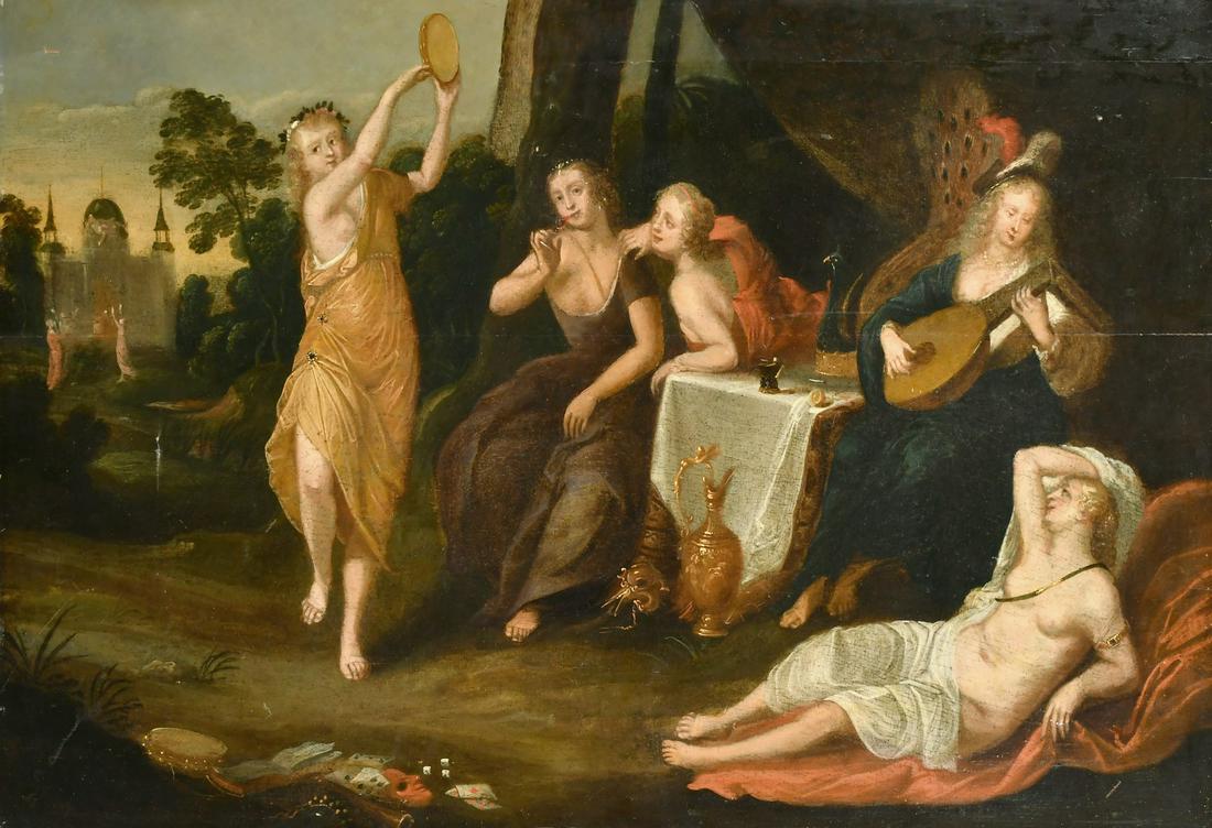 Circle of Jacob Duck, 17th Century, female figures making merry in various stages of undress, oil on (1 of 3)