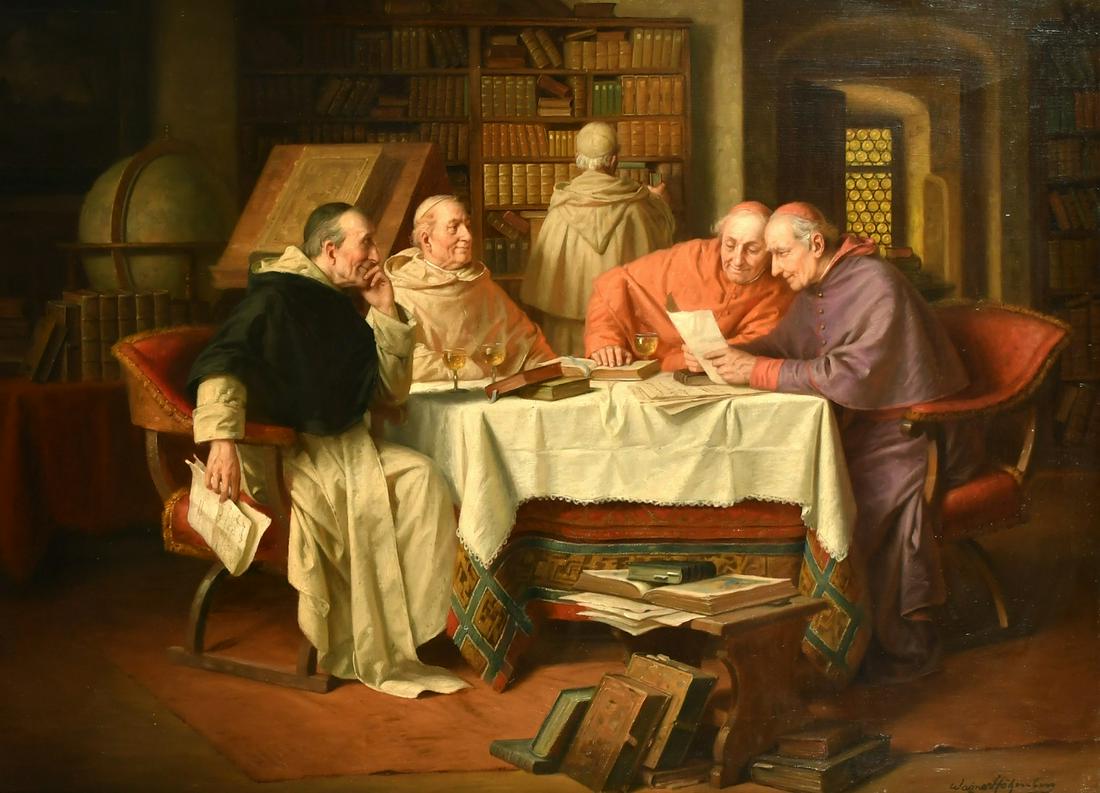 Josef Wagner-Hohenberg (1870-1939) German, cardinals pondering texts over a glass of wine, oil on: Josef Wagner-Hohenberg (1870-1939) German, cardinals pondering texts over a glass of wine, oil on canvas, signed, 27.5" x 39.5", (70 x 100cm).