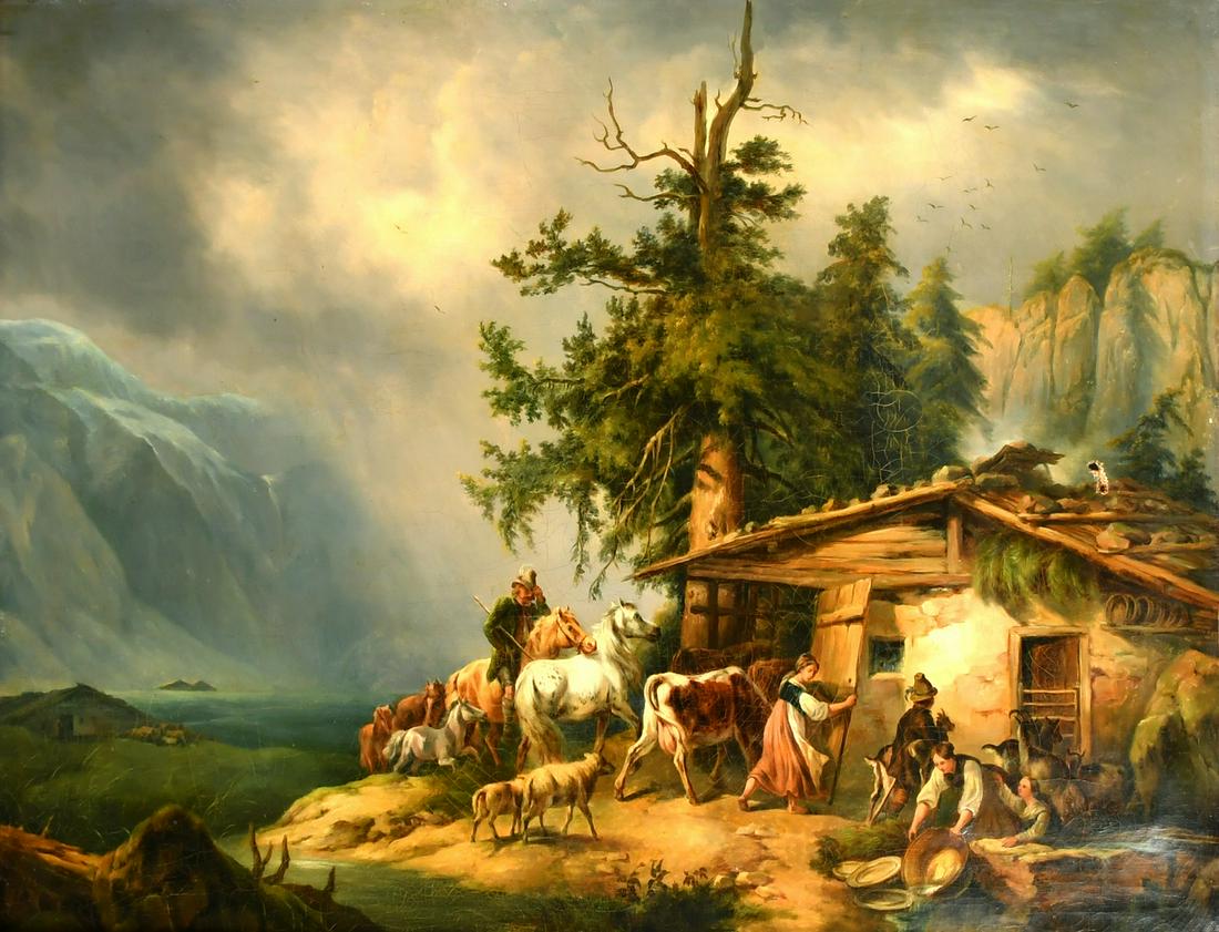 19th Century Continental School, a family gathering their livestock beneath breaking skies, oil on (1 of 3)