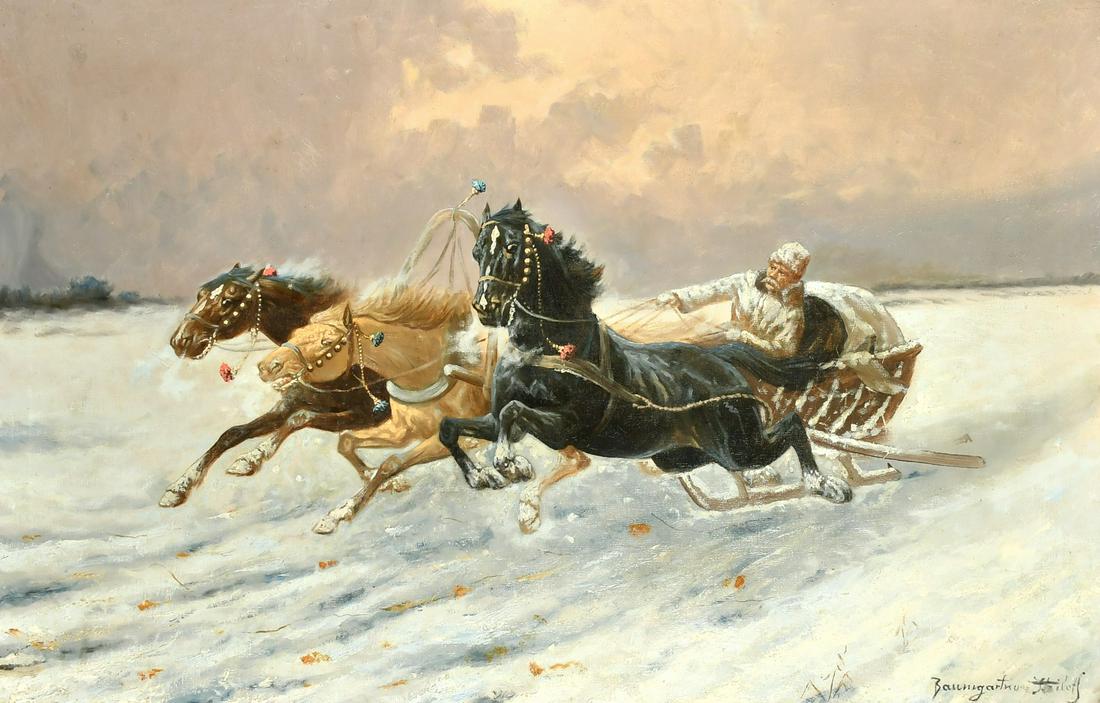 Constantin Baumgartner-Stoiloff (1850-1924), a troika racing through the snow, oil on canvas, (1 of 4)