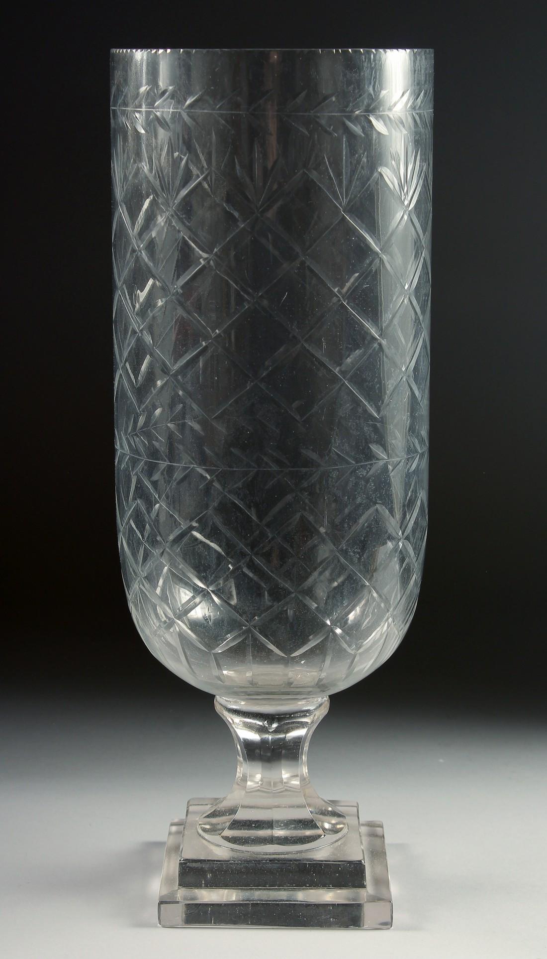 A LARGE SLICE CUT STORM - HURRICANE LAMP on square base. 16ins high.: A LARGE SLICE CUT STORM - HURRICANE LAMP on square base. 16ins high.