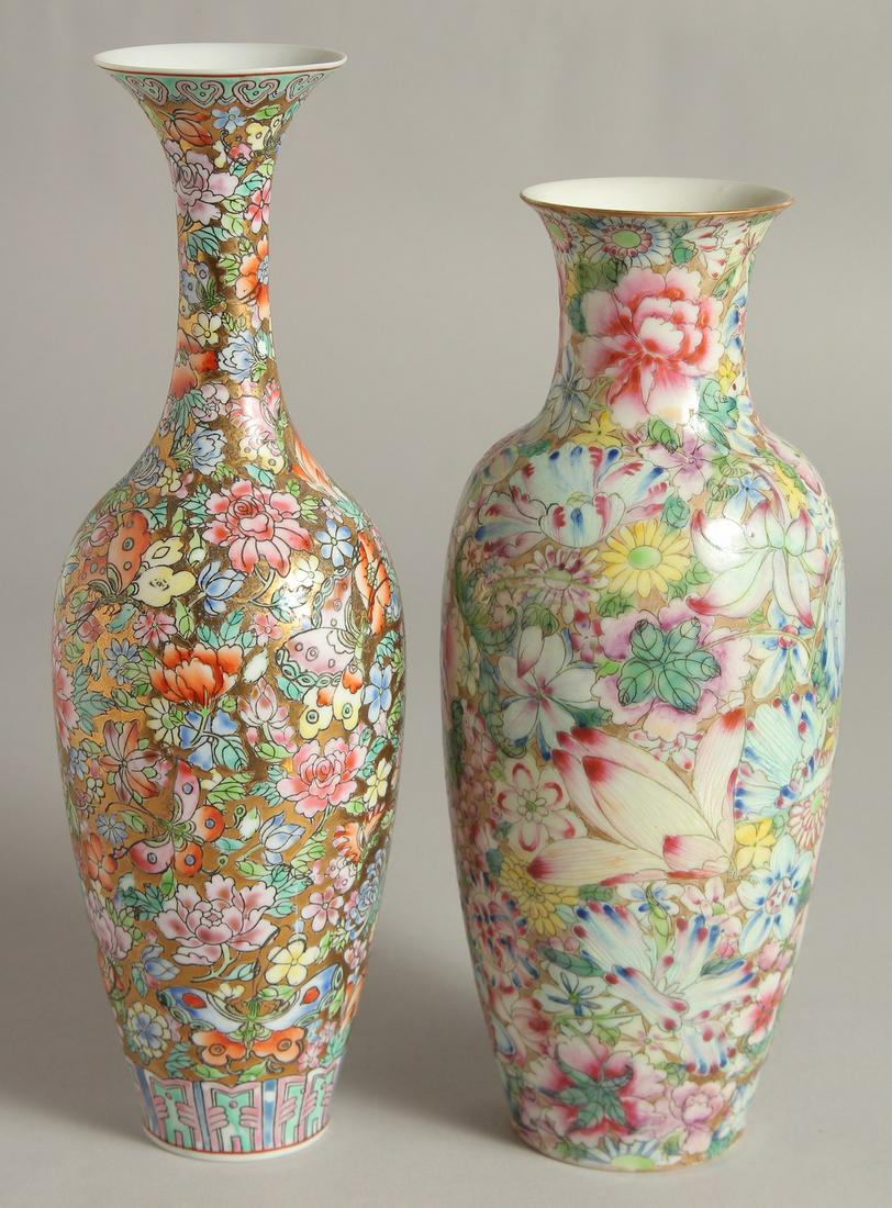 TWO CHINESE FAMILLE ROSE EGGSHELL PORCELAIN VASES, each decorated all over with flowers, (2).: TWO CHINESE FAMILLE ROSE EGGSHELL PORCELAIN VASES, each decorated all over with flowers, (2).