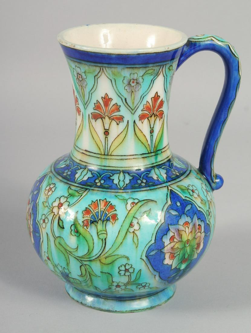 A FINE 19TH CENTURY IZNIK STYLE FRENCH THEODORE DECK JUG, 18.5cm high.: A FINE 19TH CENTURY IZNIK STYLE FRENCH THEODORE DECK JUG, 18.5cm high.