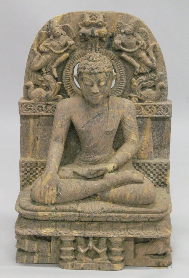 A RARE NORTHWEST INDIAN OR UTTAR PARADESH JAIN HARDSTONE STONE SCULPTURE OF TIRTHANKARA; the Saviour: A RARE NORTHWEST INDIAN OR UTTAR PARADESH JAIN HARDSTONE STONE SCULPTURE OF TIRTHANKARA; the Saviour and Spiritual Teacher of The Dhrama, sculpted in the meditative position on a throne supported by a