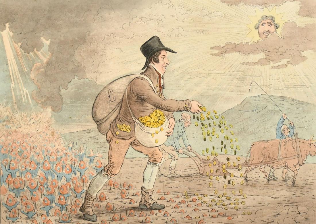 James Gillray (1757-1815) British, 'The Generae of Patriotism - or - The Bloomsbury Farmer planting: James Gillray (1757-1815) British, 'The Generae of Patriotism - or - The Bloomsbury Farmer planting Bedfordshire Wheat', hand-coloured etching, plate size 9.75" x 13.75" (25 x 35cm).