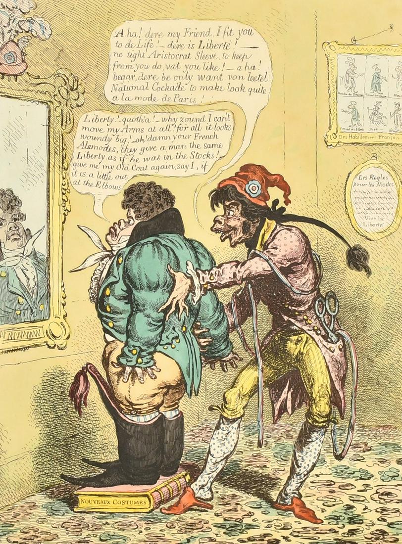 James Gillray (1757-1815) British, 'French Taylor, Fitting John Bull with a Jean de Bry',: James Gillray (1757-1815) British, 'French Taylor, Fitting John Bull with a Jean de Bry', hand-coloured etching, annotated in pencil 'Nov 1799', 13.75" x 10.5" (35 x 26.5cm).