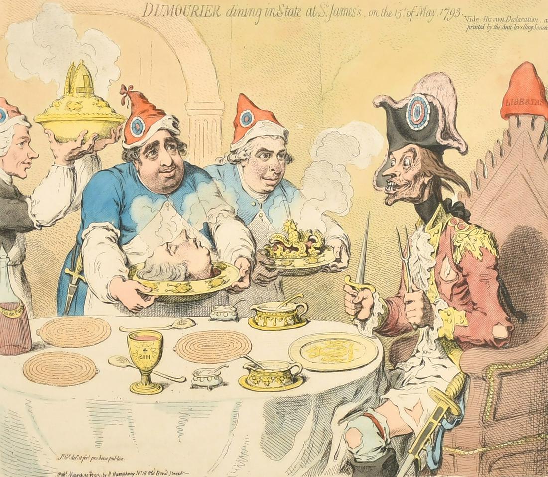 James Gillray (1757-1815) British, 'Dumourier Dining in State at St. James's on the 15th of May: James Gillray (1757-1815) British, 'Dumourier Dining in State at St. James's on the 15th of May 1793', hand-coloured etching, plate size 12.25" x 14.25" (31 x 36cm).