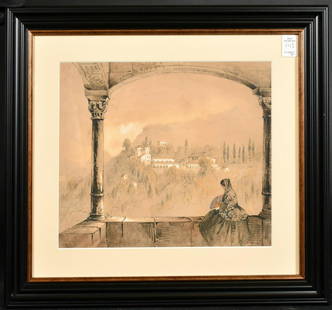 Circle of John Frederick Lewis. A set of four drawings of the Alhambra Palace in Granada and: Circle of John Frederick Lewis. A set of four drawings of the Alhambra Palace in Granada and surrounding countryside, all graphite, watercolour and gouache, two inscribed and dated 1852, sizes from 9.