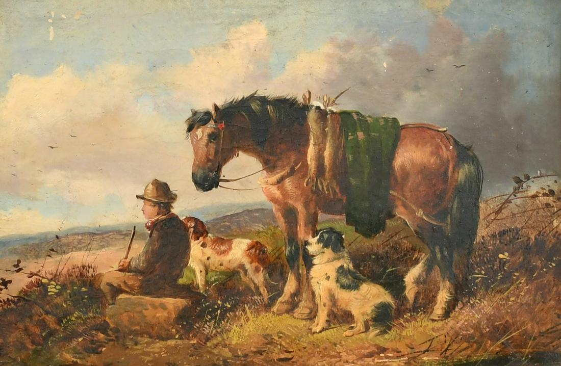 Attributed to John Duvall, Resting the faithful friends, a pony, two dogs and a seated sportsman (1 of 3)