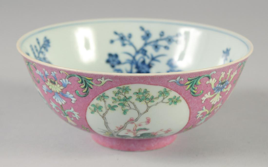 A CHINESE FAMILLE ROSE MEDALLION BOWL, with blue and white interior, bearing Daoguang mark but (1 of 7)