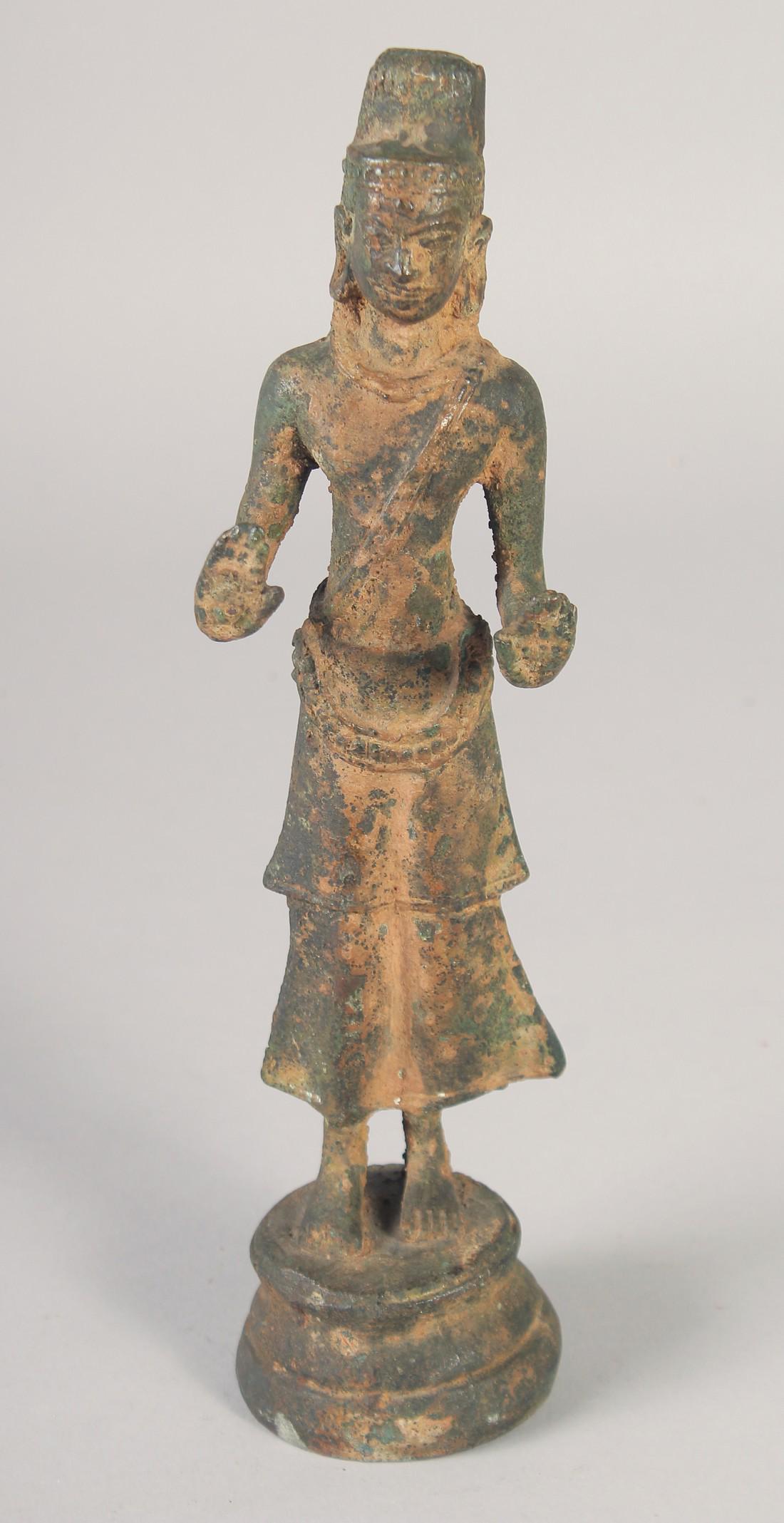 A RARE EARLY SOUTH EAST ASIAN STANDING BRONZE BUDDHA, 26.5cm high. (1 of 8)
