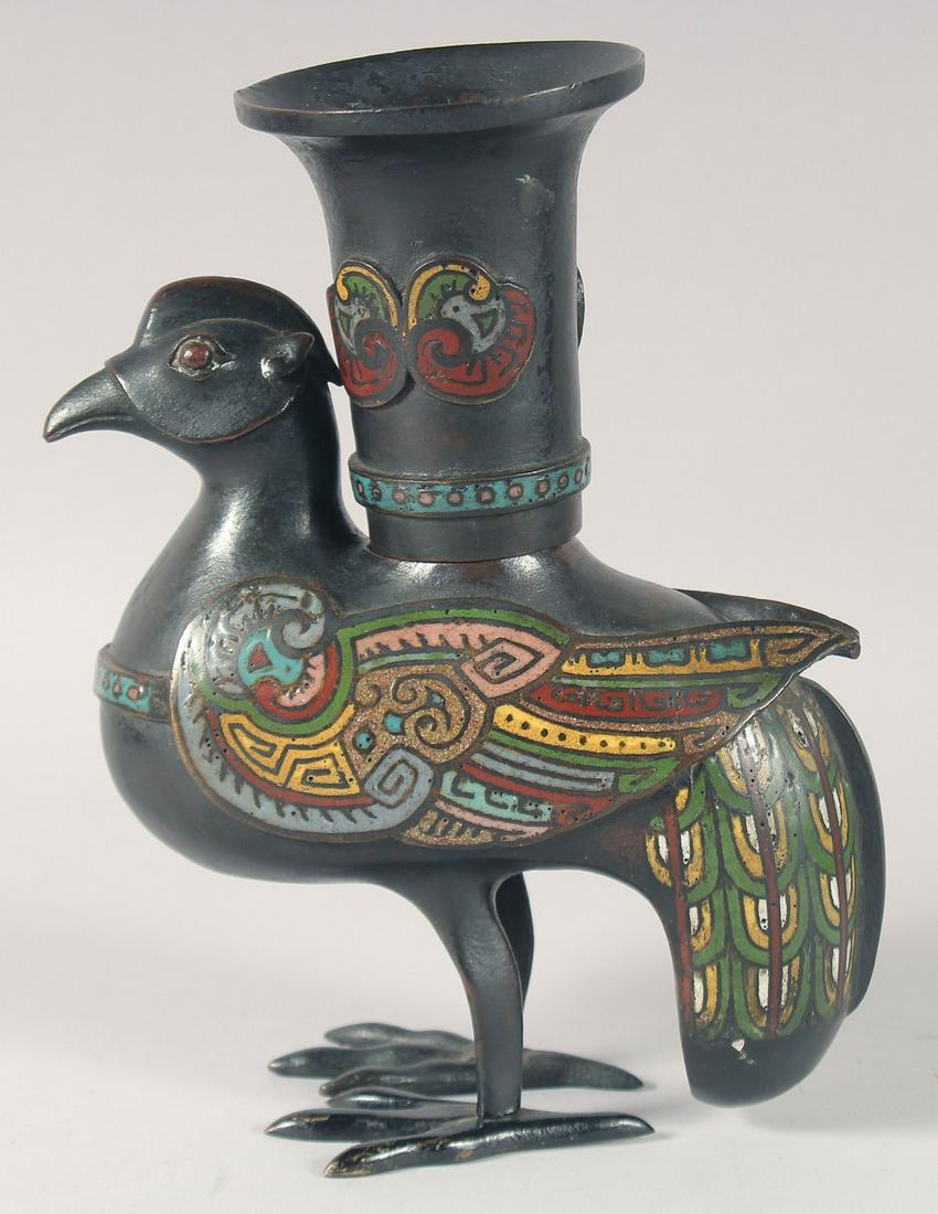 A CHINESE ENAMEL DECORATED BRONZE PEACOCK, with fitted presentation box, bronze 23cm high. (1 of 8)