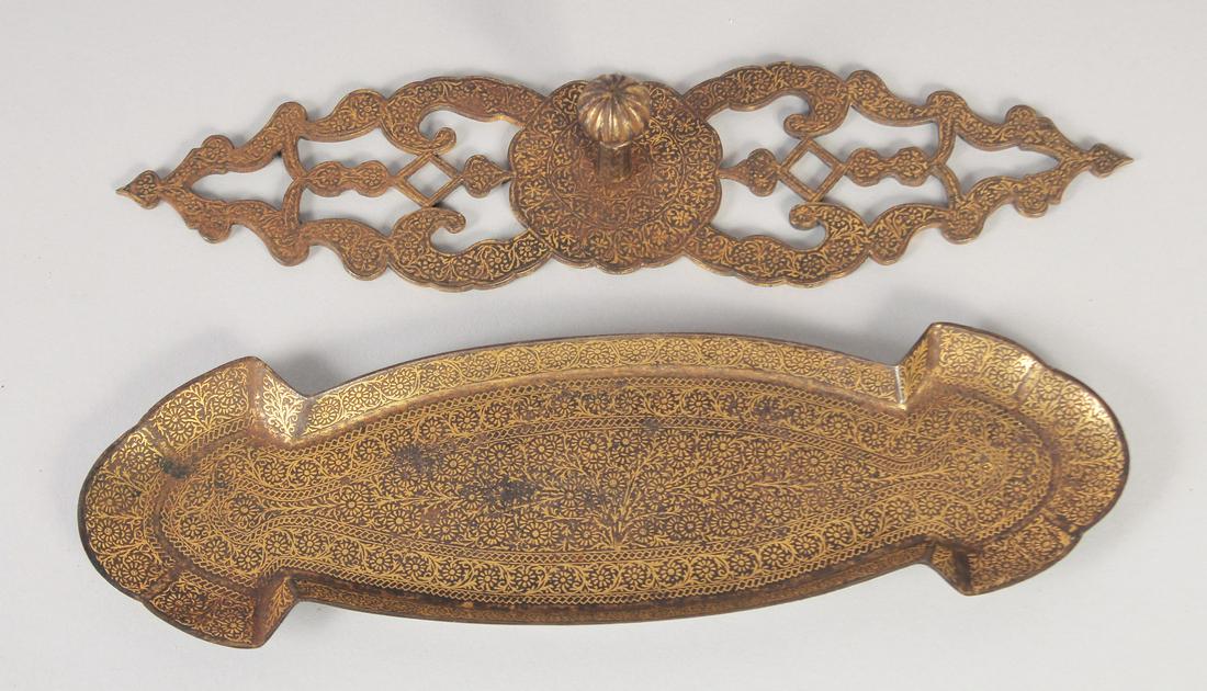 TWO PERSIAN QAJAR GOLD INLAID METAL ITEMS, (2). (1 of 3)