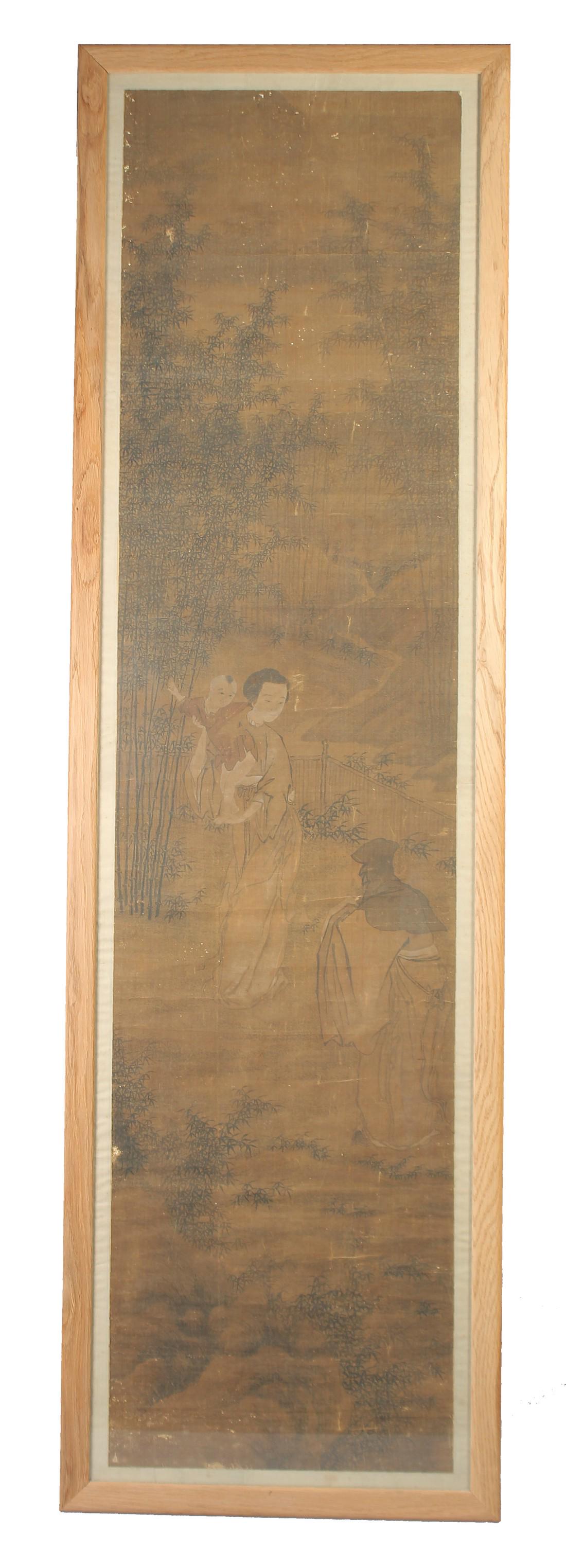A LARGE 19TH CENTURY FRAMED SCROLL PAINTING ON SILK, depicting a woman and child, framed and glazed, (1 of 5)