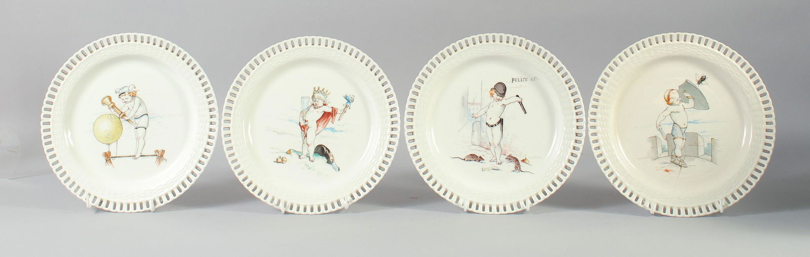A SET OF FOUR MINTON PLATES PAINTED DECORATION BY ANTONIN BOULLEMIER, each with pierced borders, the: A SET OF FOUR MINTON PLATES PAINTED DECORATION BY ANTONIN BOULLEMIER, each with pierced borders, the centres painted with cherubic infants in various costumes and poses. Signed, A Boullemier, impresse