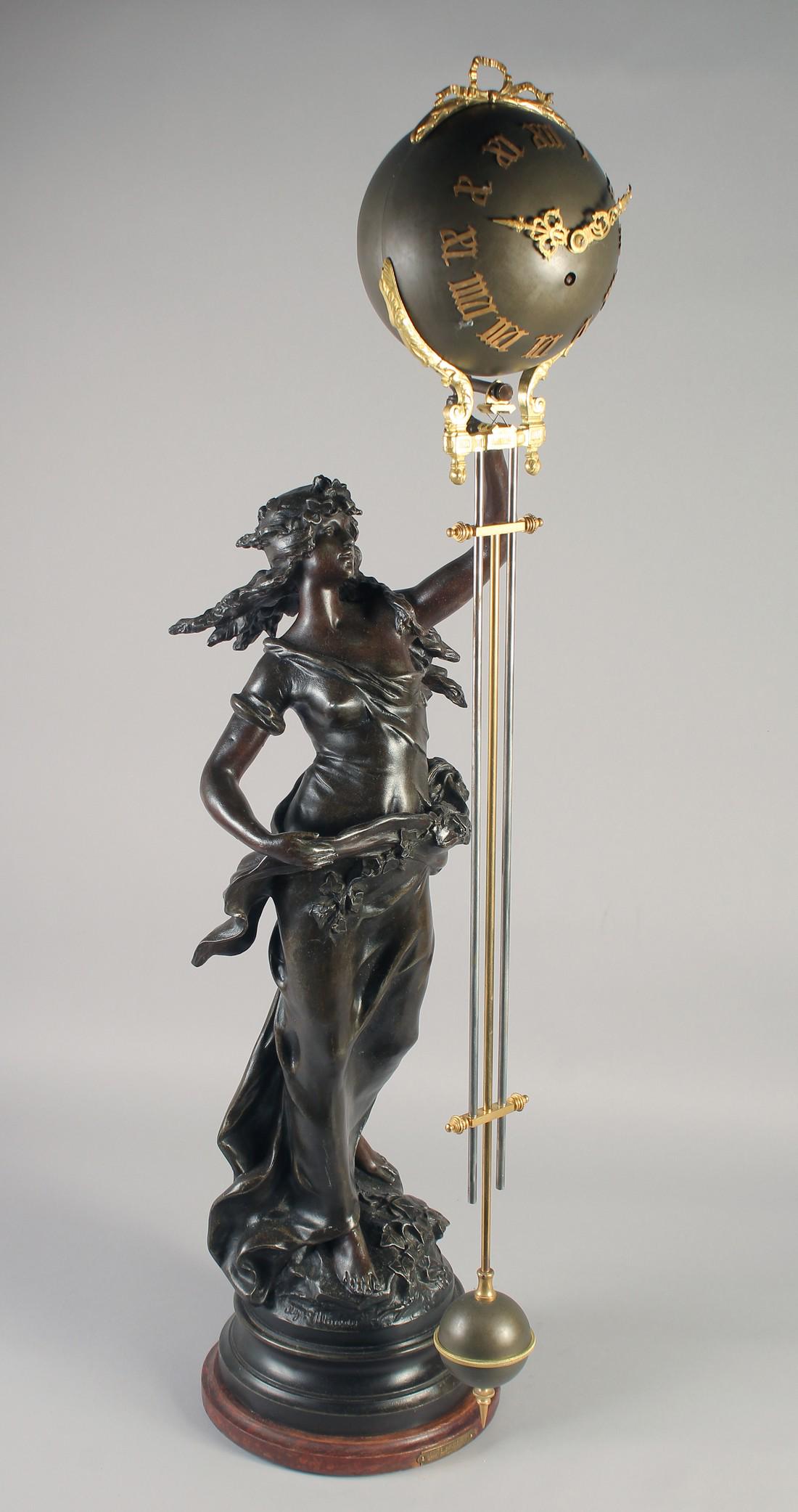 AUGUSTE MOREAU.  A GOOD LARGE 19TH CENTURY FRENCH PENDULUM CLOCK formed as a young lady holding a (1 of 6)