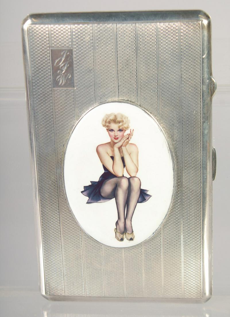 A GOOD LARGE HEAVY ENGINE TURNED CIGARETTE CASE with and oval enamel of a glamour girl.  5.5ins x (1 of 7)