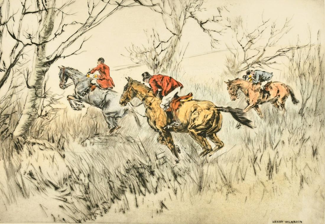 Henry Wilkinson (1921-2011) British, figures on horseback hunting, etching in colours, signed in (1 of 3)