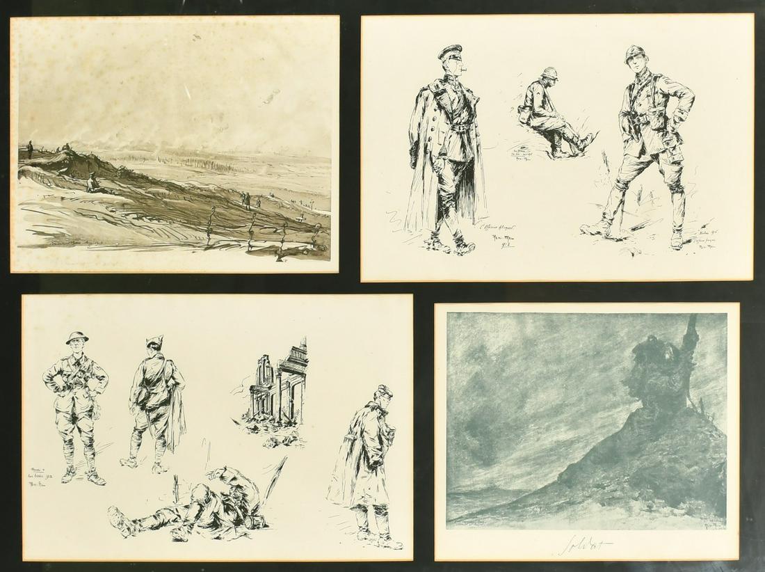 Muirhead Bone, a pencil signed print of a World War One scene along with three further World War One: Muirhead Bone, a pencil signed print of a World War One scene along with three further World War One prints after Reni Mel, mounted in a common frame, each around 10.5" x 14.5" (27 x 37cm).
