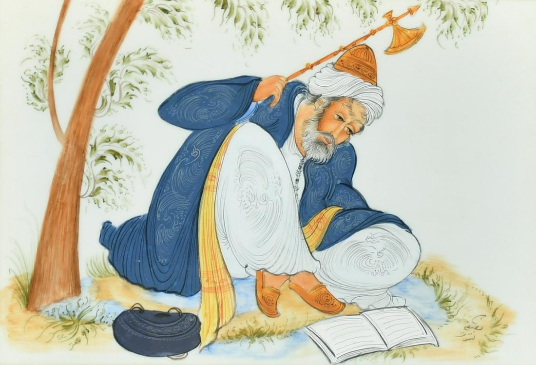 Indian School, An elder seated under a tree reading text, watercolour on card, signed, 5" x 7.25", (1 of 3)