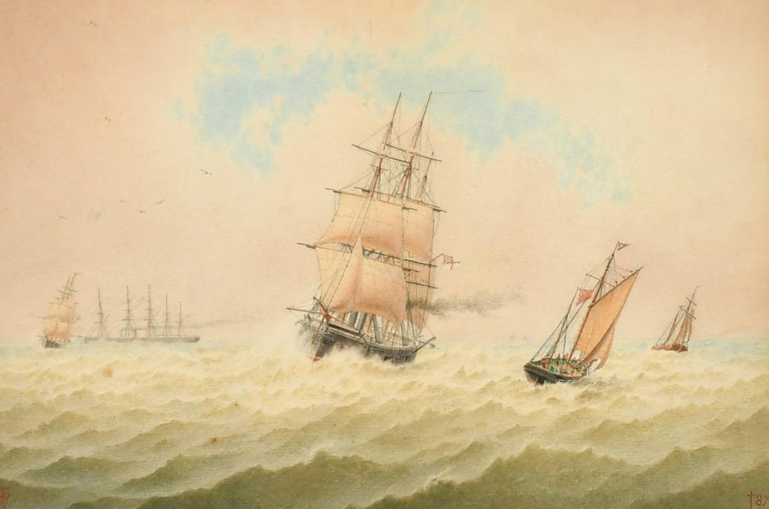 William Frederick Settle (1821-1897) British, sailboats in open water with a steam clipper on the: William Frederick Settle (1821-1897) British, sailboats in open water with a steam clipper on the horizon, watercolour, signed with initials, 8.5" x 13.25", (21.5 x 34cm).