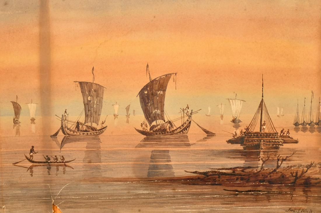 Frederick John White (19th Century), a scene of Oriental boats and figures, watercolour, signed, 9": Frederick John White (19th Century), a scene of Oriental boats and figures, watercolour, signed, 9" x 13" (23 x 33cm), unframed, A/F, along with two unframed pencil signed etchings of possibly Burmese