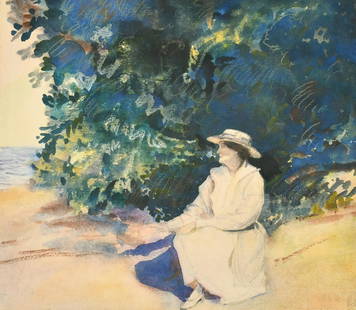 Donald Shaw MacLaughlan (1876-1938) Canadian / American, a scene of seated female by foliage and a: Donald Shaw MacLaughlan (1876-1938) Canadian / American, a scene of seated female by foliage and a lake, watercolour, signed in pencil, 15" x 18" (38 x 46cm), (unframed).