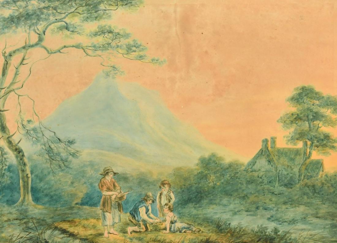 Attributed to William Ward (1766-1826) British, children gathering items in an open landscape with a: Attributed to William Ward (1766-1826) British, children gathering items in an open landscape with a cottage beyond, watercolour, inscriptions verso, in a verre eglomise frame, 12" x 16", (30 x 40cm).