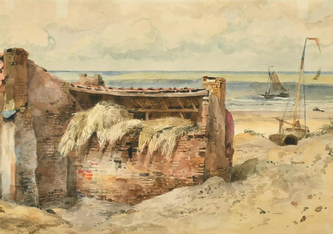 Attributed to Willem Van Deventer (1824-1891), a brick shelter on an open beach, watercolour, 9.75" (1 of 3)