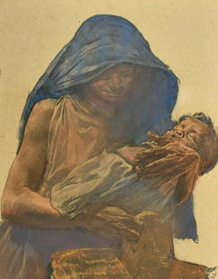 Attributed to Erich Wolfsfeld (1884-1956) German, Mother and child, charcoal and coloured chalks,: Attributed to Erich Wolfsfeld (1884-1956) German, Mother and child, charcoal and coloured chalks, paper size 17" x 13.5", (43x34cm) (unframed).