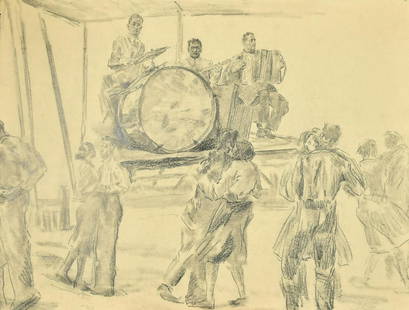 Attributed to Erich Wolfsfeld (1884-1956) German, A band and dancers, pencil and crayon, paper size: Attributed to Erich Wolfsfeld (1884-1956) German, A band and dancers, pencil and crayon, paper size 16.75" x 21.75", (42.5x55cm) (unframed).