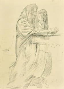 Erich Wolfsfeld (1884-1956) German, Two women at prayer, charcoal, signed, paper size 18.75" x: Erich Wolfsfeld (1884-1956) German, Two women at prayer, charcoal, signed, paper size 18.75" x 13.75", (48x35cm) (unframed).