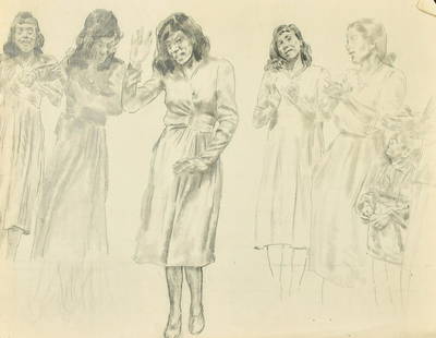 Attributed to Erich Wolfsfeld (1884-1956) German, Women clapping and a child watching, pencil and: Attributed to Erich Wolfsfeld (1884-1956) German, Women clapping and a child watching, pencil and crayon, paper size 19.25" x 24", (49x61cm) (unframed).