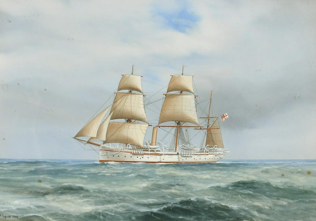 Attributed to Gaetano Esposito (1858-1911) Italian, A steam sail ship flying a white ensign on the: Attributed to Gaetano Esposito (1858-1911) Italian, A steam sail ship flying a white ensign on the open sea, watercolour, signed and dated 1894, 9.75" x 14.75", (25x37.5cm).