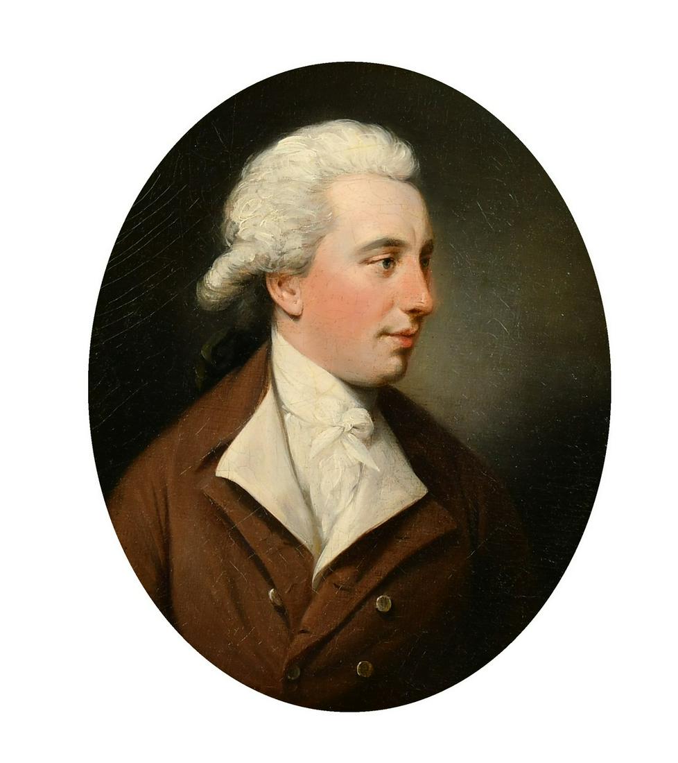 John Downman (1750-1824) British, a head and shoulders portrait of a young gentleman, oil on canvas: John Downman (1750-1824) British, a head and shoulders portrait of a young gentleman, oil on canvas laid down, 12" x 9.5", (30 x 24cm).