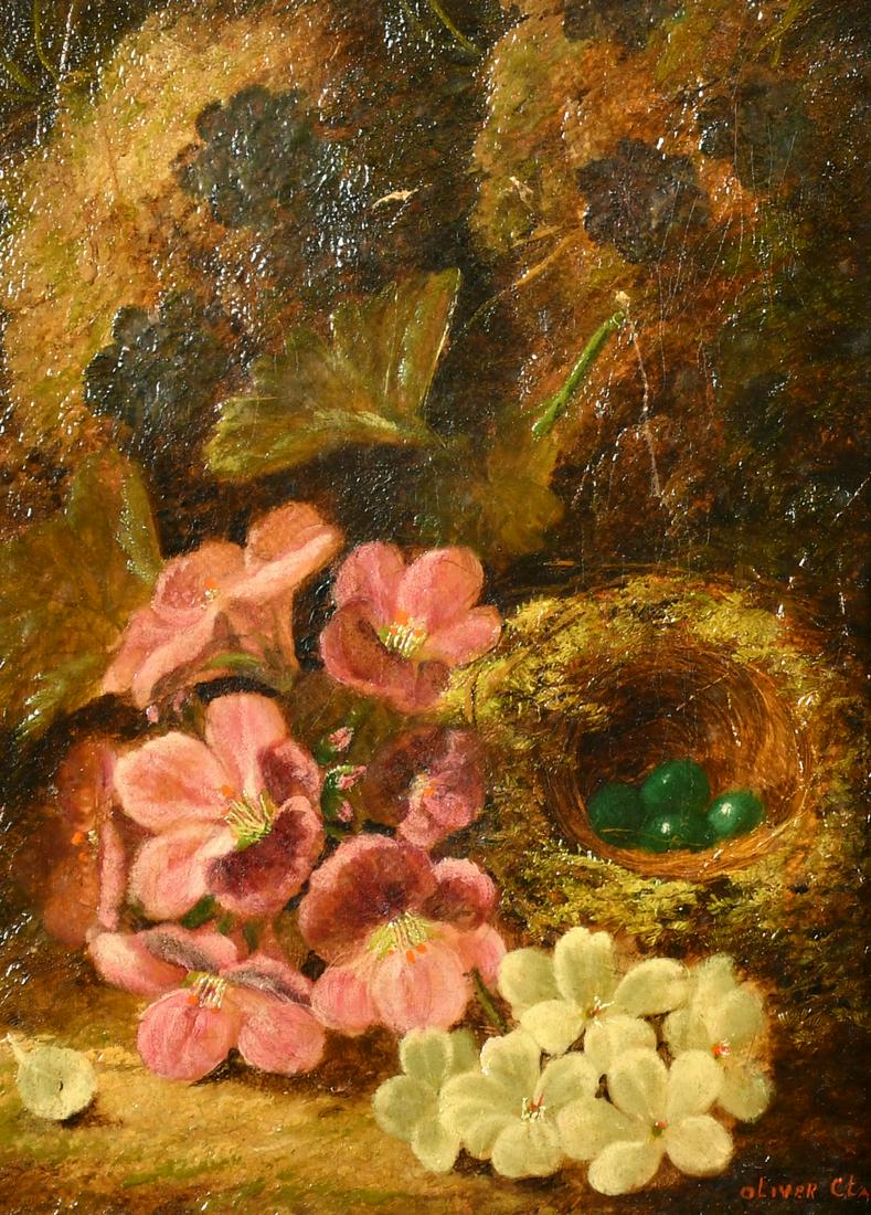 Oliver Clare (1853-1927) British, A still life of a bird nest with eggs and pink and white flowers,: Oliver Clare (1853-1927) British, A still life of a bird nest with eggs and pink and white flowers, oil on canvas, signed, 8" x 6", (20x15cm).