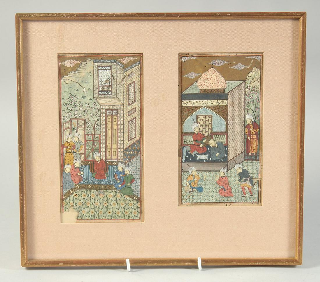 TWO FINE PERSIAN MINIATURE PAINTINGS, depicting courtyard scenes with figures, framed and glazed: TWO FINE PERSIAN MINIATURE PAINTINGS, depicting courtyard scenes with figures, framed and glazed together, images 20cm x 10cm and 18cm x 10cm.