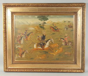 A LARGE OIL ON CANVASS PAINTING DEPICTING QAJAR RULER FATH 'ALI SHAH, HUNTING SCENE, in a fine