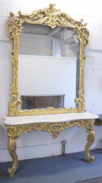 A SUPERB LARGE 18TH AND 19TH CENTURY GILTWOOD MARBLE TOP CONSOLE AND MIRROR, the mirror with