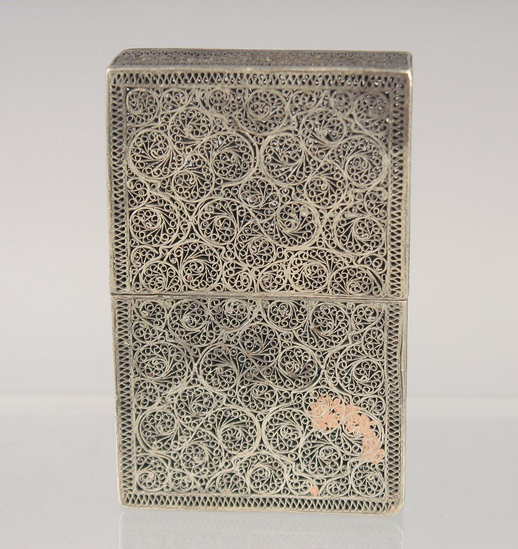 A FINE 19TH CENTURY INDIAN FILIGREE SILVER CARD CASE, 8cm x 5cm. (1 of 3)