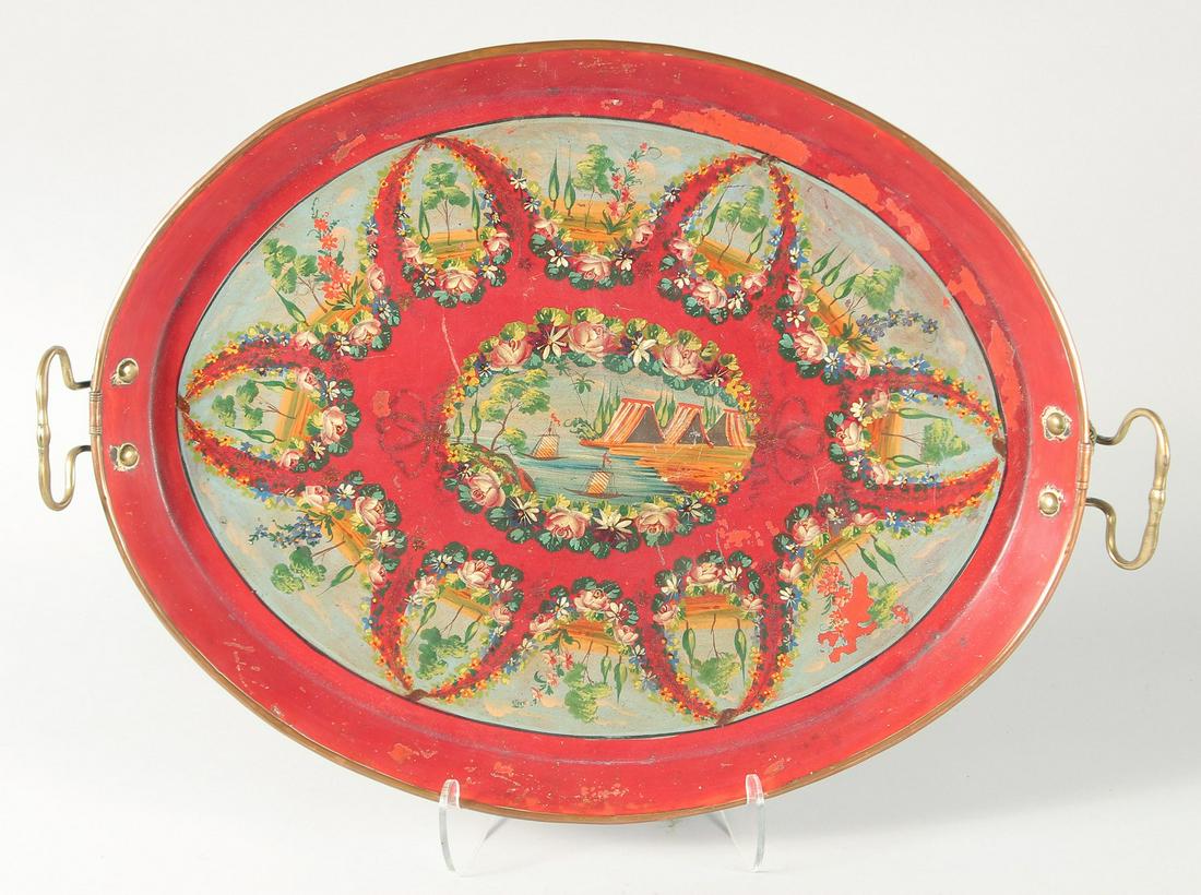A LARGE 19TH CENTURY OTTOMAN TURKISH PAINTED METAL TRAY, painted with decorative panels and flora, (1 of 2)