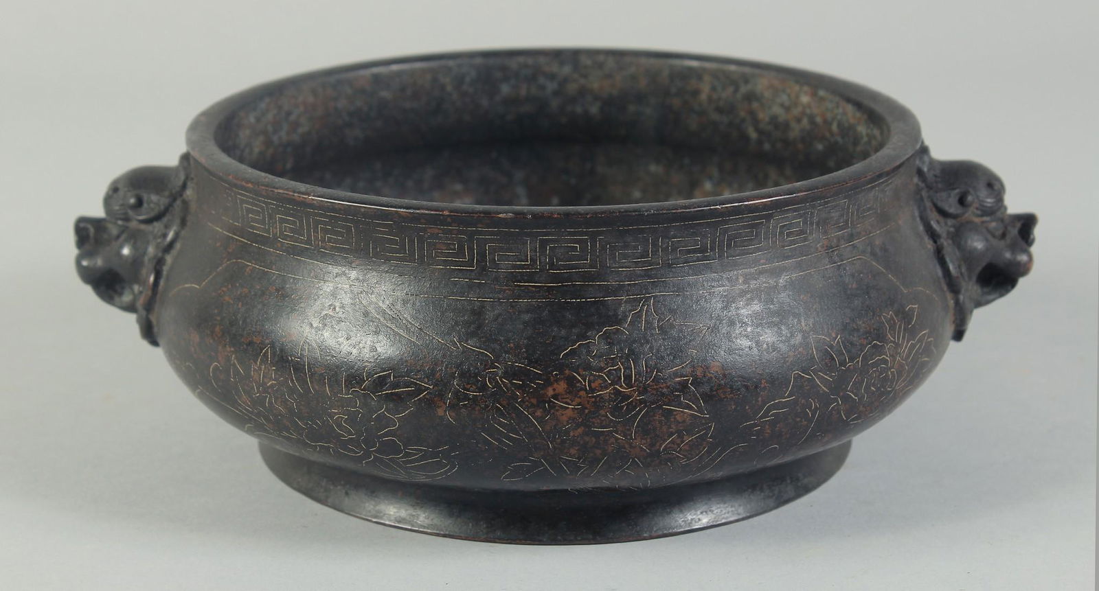 A GOOD CHINESE BRONZE SILVER INLAID CIRCULAR CENSER with dragon handles.  8ins diameter. (1 of 5)