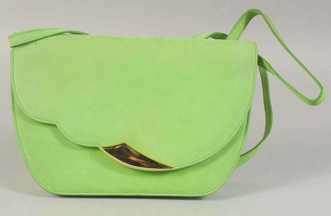 AN ESCADA, ITALY, GREEN SUEDE BAG, 9.5ins long with long strap.: AN ESCADA, ITALY, GREEN SUEDE BAG, 9.5ins long with long strap.