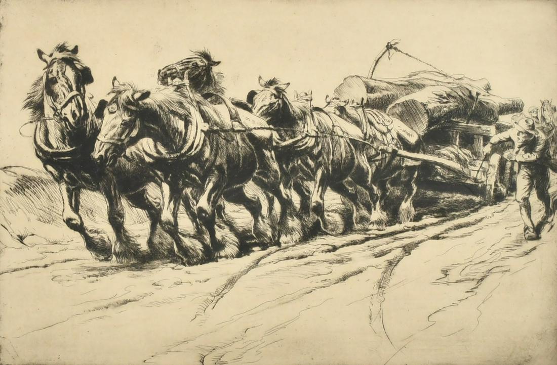 George Soper (1870-1942), 'Timber Hauling, No. 11', etching, signed in pencil, plate size 8" x: George Soper (1870-1942), 'Timber Hauling, No. 11', etching, signed in pencil, plate size 8" x 11.75" (20 x 30cm).