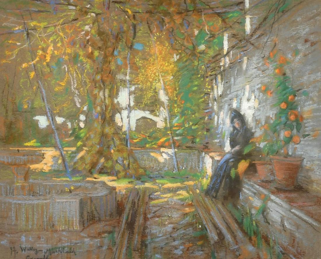 Francis Wallis-Markland (19th/20th Century), 'Grenada', a female figure sitting by orange trees,: Francis Wallis-Markland (19th/20th Century), 'Grenada', a female figure sitting by orange trees, pastel, signed and inscribed, 10" x 12" (26 x 31cm).